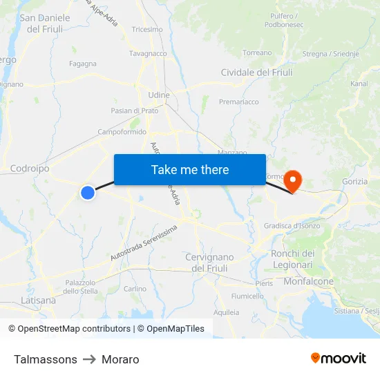 Talmassons to Moraro map