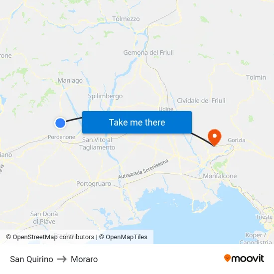 San Quirino to Moraro map