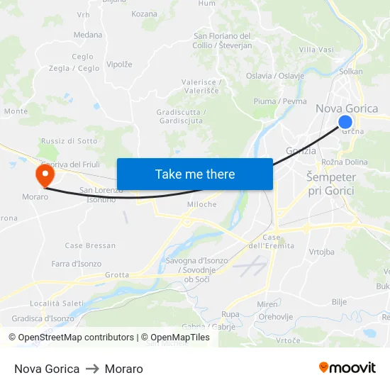 Nova Gorica to Moraro map