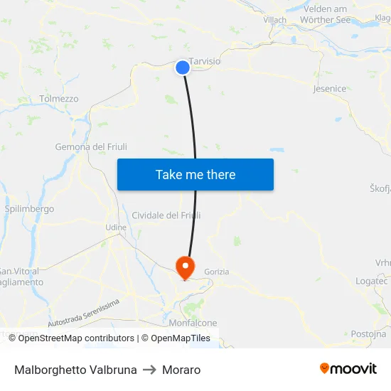 Malborghetto Valbruna to Moraro map