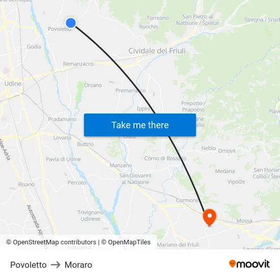 Povoletto to Moraro map