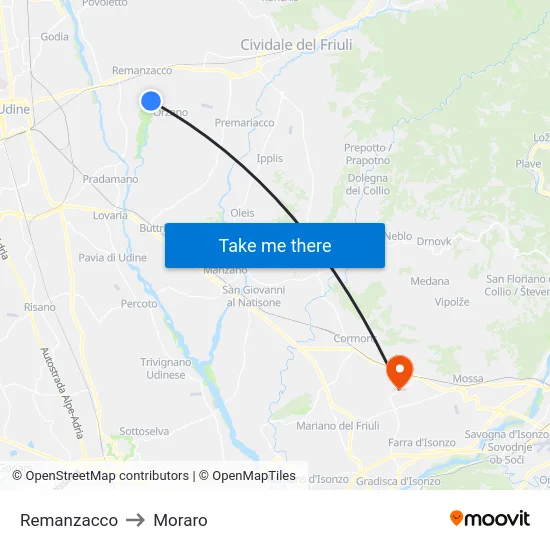 Remanzacco to Moraro map