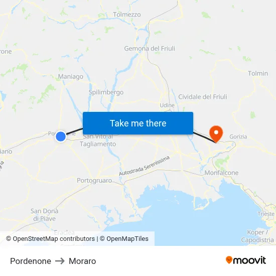 Pordenone to Moraro map