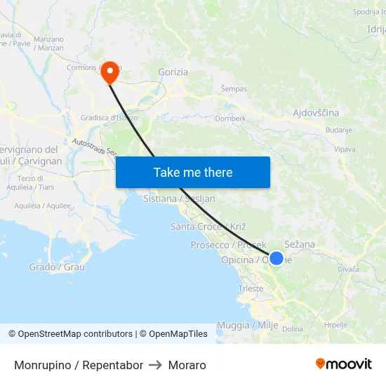 Monrupino / Repentabor to Moraro map