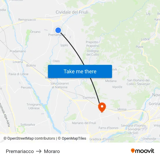 Premariacco to Moraro map