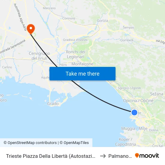 Trieste Piazza Della Libertà (Autostazione) to Palmanova map