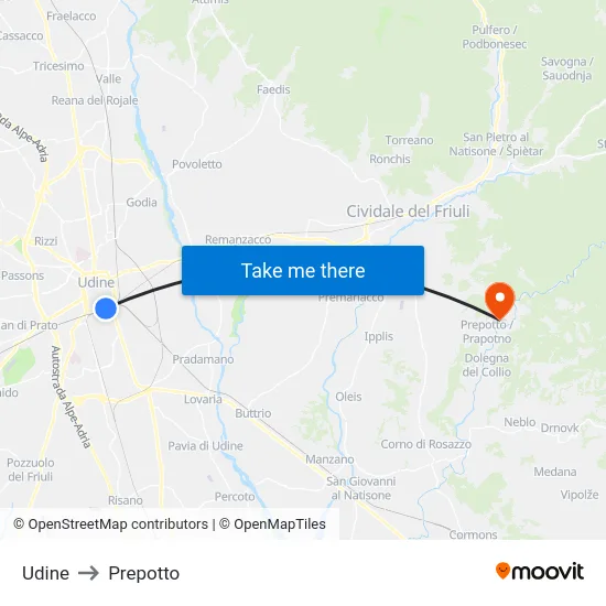 Udine to Prepotto map