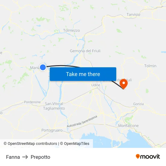 Fanna to Prepotto map