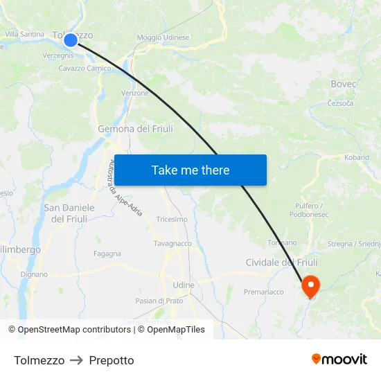 Tolmezzo to Prepotto map