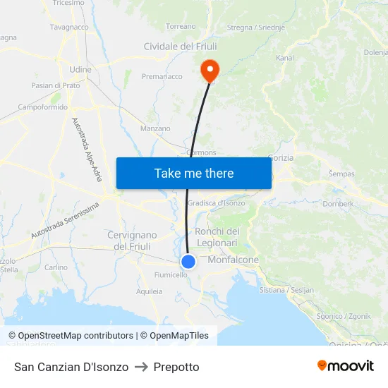 San Canzian D'Isonzo to Prepotto map