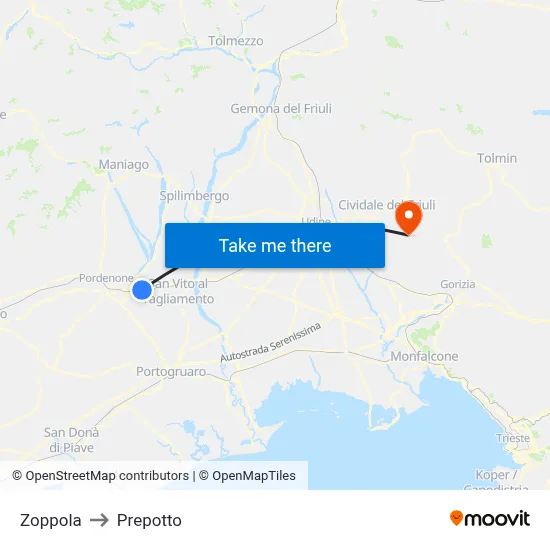 Zoppola to Prepotto map