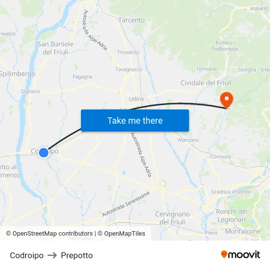 Codroipo to Prepotto map