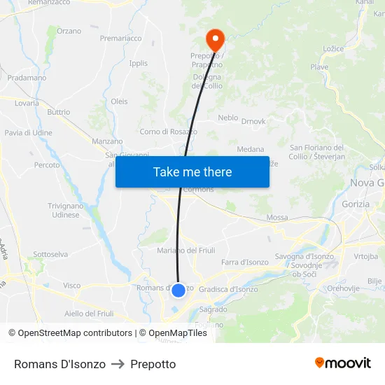 Romans D'Isonzo to Prepotto map