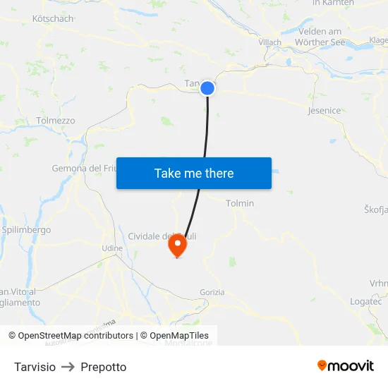 Tarvisio to Prepotto map