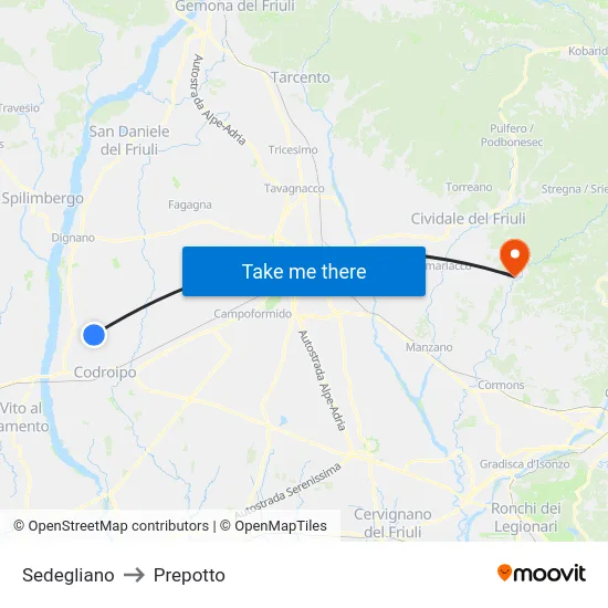 Sedegliano to Prepotto map