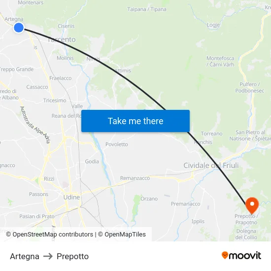 Artegna to Prepotto map