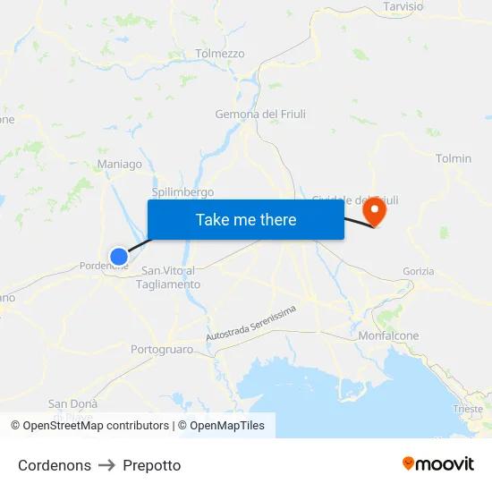Cordenons to Prepotto map