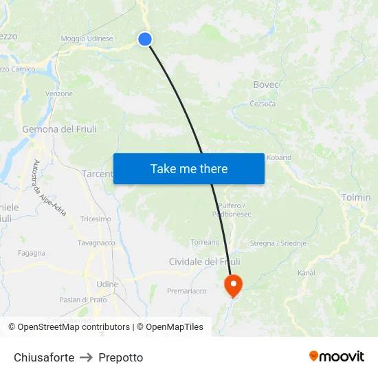 Chiusaforte to Prepotto map