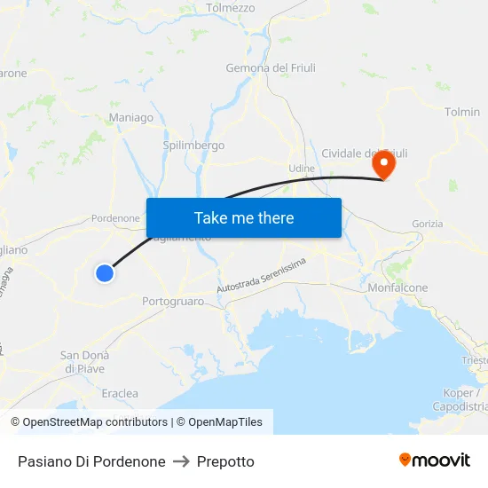 Pasiano Di Pordenone to Prepotto map