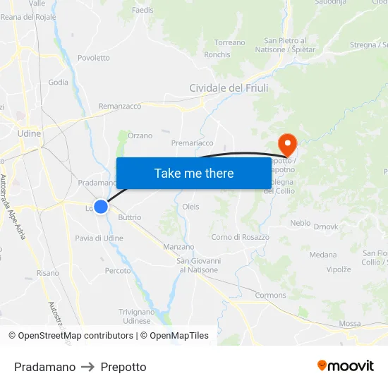 Pradamano to Prepotto map