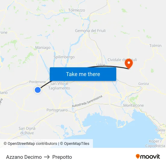 Azzano Decimo to Prepotto map