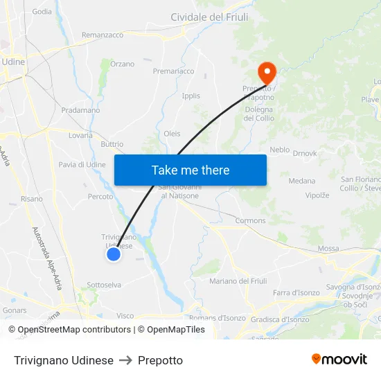 Trivignano Udinese to Prepotto map