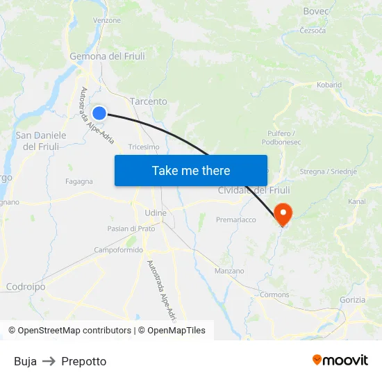 Buja to Prepotto map