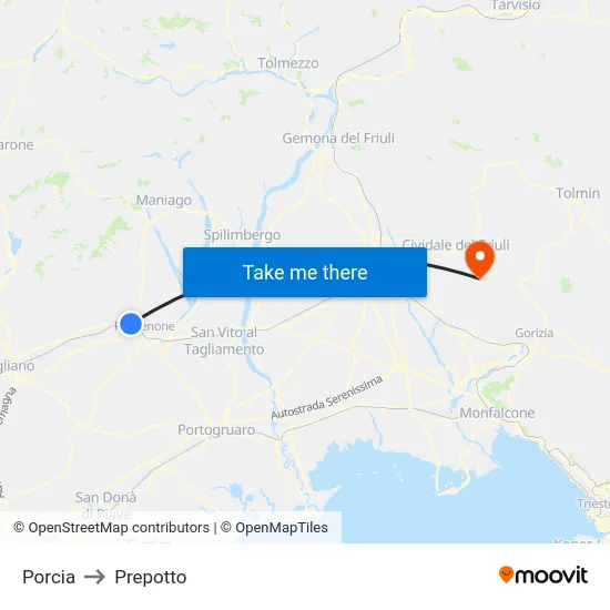 Porcia to Prepotto map