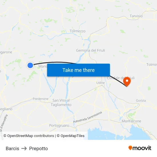 Barcis to Prepotto map