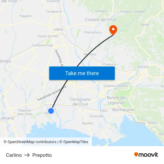 Carlino to Prepotto map