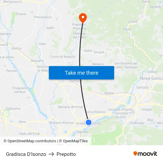 Gradisca D'Isonzo to Prepotto map