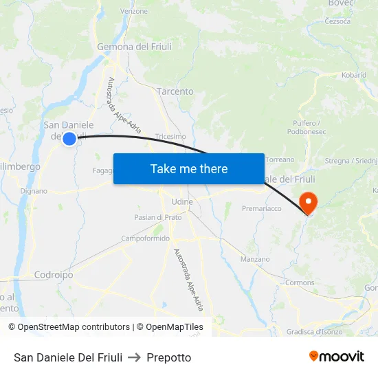 San Daniele Del Friuli to Prepotto map