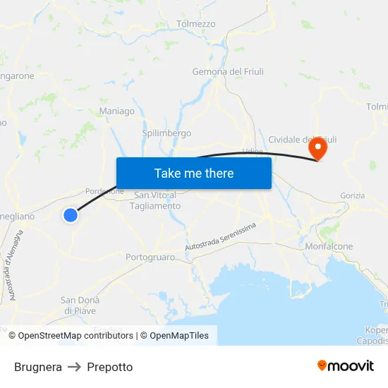 Brugnera to Prepotto map