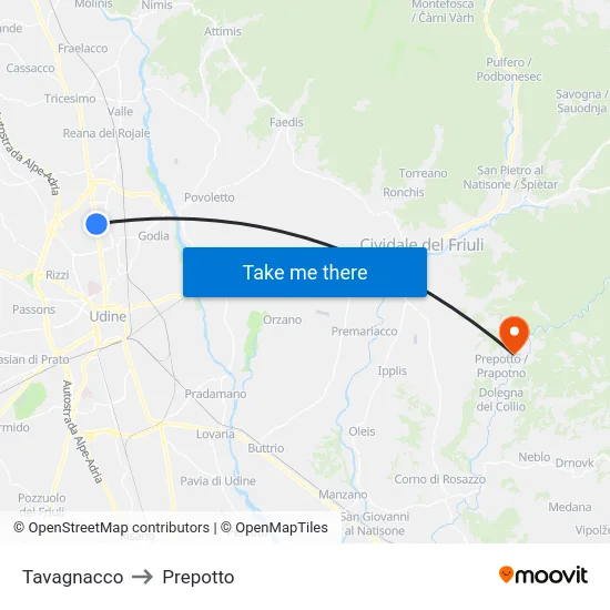 Tavagnacco to Prepotto map