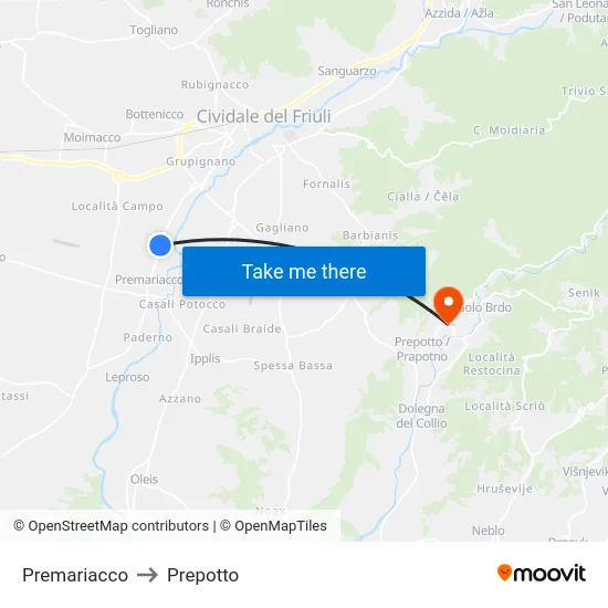Premariacco to Prepotto map