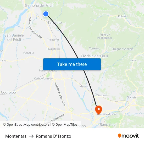 Montenars to Romans d'Isonzo map