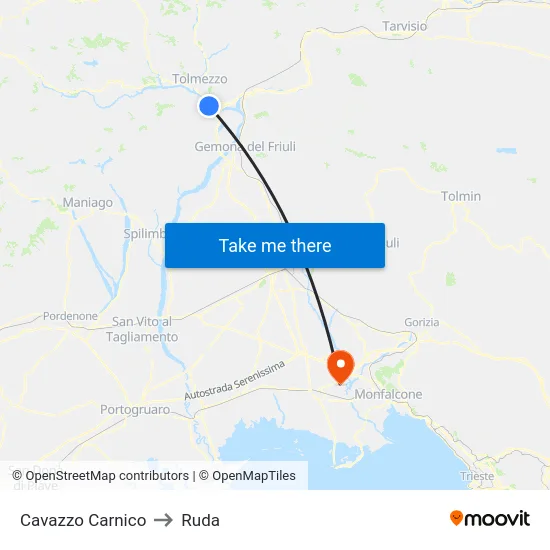 Cavazzo Carnico to Ruda map