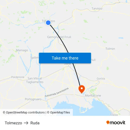 Tolmezzo to Ruda map