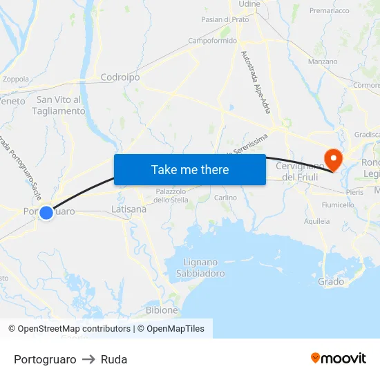 Portogruaro to Ruda map