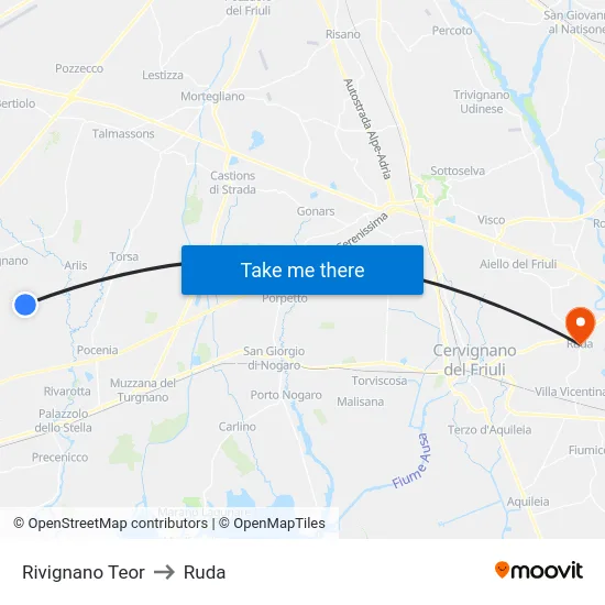 Rivignano Teor to Ruda map