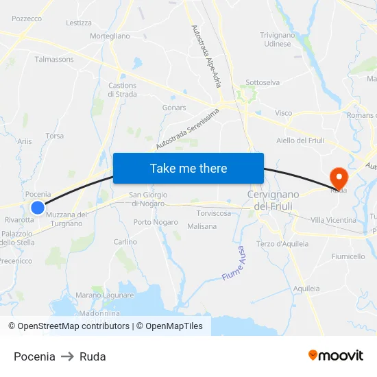 Pocenia to Ruda map