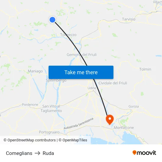 Comeglians to Ruda map