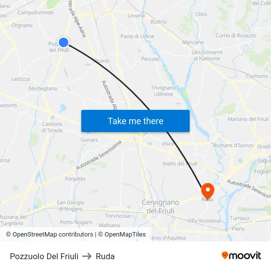 Pozzuolo Del Friuli to Ruda map