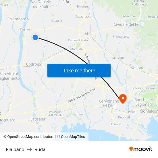 Flaibano to Ruda map