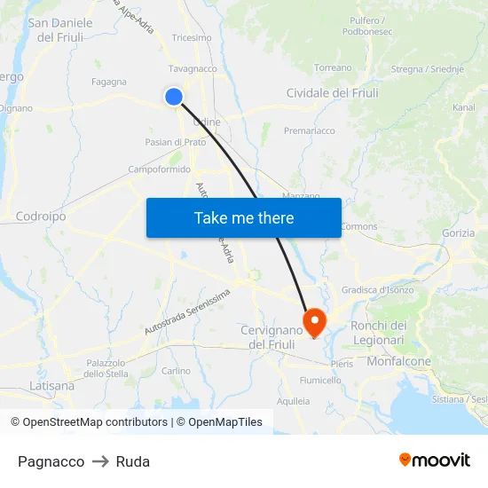 Pagnacco to Ruda map