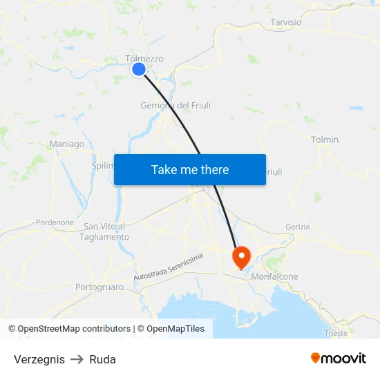 Verzegnis to Ruda map