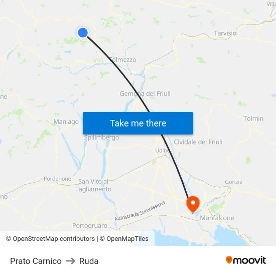 Prato Carnico to Ruda map