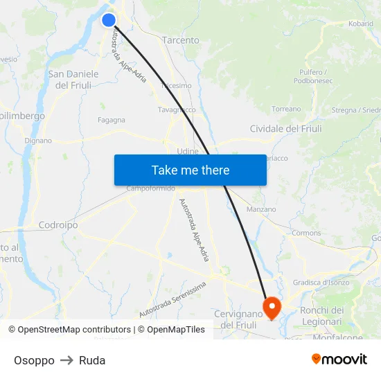 Osoppo to Ruda map