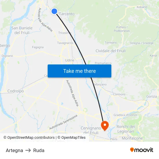 Artegna to Ruda map