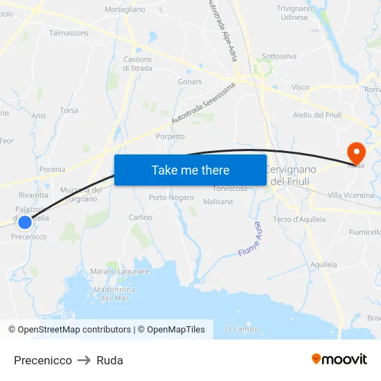 Precenicco to Ruda map